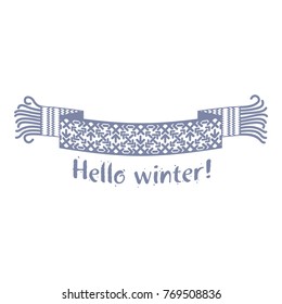 Warm knitted winter scarf with the inscription Hello Winter against the backdrop of snow and spruce forest. Vector flat Illustration. Web banners, advertisements, brochures, business templates. Isolat