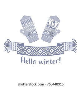 Warm knitted winter scarf and mitten with the inscription Hello Winter. Vector flat Illustration. Web banners, advertisements, brochures, business templates. Isolated on a white background.