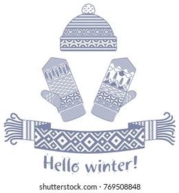 Warm knitted winter scarf and mitten with the inscription Hello Winter. Vector flat Illustration. Web banners, advertisements, brochures, business templates. Isolated on a white background.