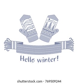 Warm knitted winter scarf and mitten with the inscription Hello Winter. Vector flat Illustration. Web banners, advertisements, brochures, business templates. Isolated on a white background.