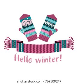Warm knitted winter scarf and mitten with the inscription Hello Winter. Vector flat Illustration. Web banners, advertisements, brochures, business templates. Isolated on a white background.