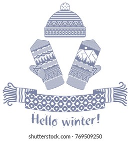 Warm knitted winter scarf and mitten with the inscription Hello Winter. Vector flat Illustration. Web banners, advertisements, brochures, business templates. Isolated on a white background.