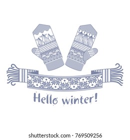 Warm knitted winter scarf and mitten with the inscription Hello Winter. Vector flat Illustration. Web banners, advertisements, brochures, business templates. Isolated on a white background.