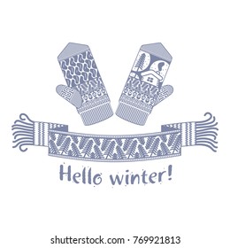 Warm knitted winter scarf and mitten with the inscription Hello Winter. Vector flat Illustration. Web banners, advertisements, brochures, business templates. Isolated on a white background.
