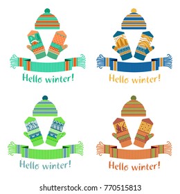 Warm knitted winter scarf and mitten with the inscription Hello Winter. Vector flat Illustration. Web banners, advertisements, brochures, business templates. Isolated on a white background.