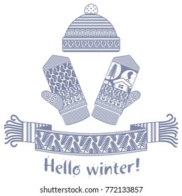 Warm knitted winter scarf and mitten with the inscription Hello Winter. Vector flat Illustration. Web banners, advertisements, brochures, business templates. Isolated on a white background.