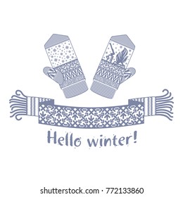 Warm knitted winter scarf and mitten with the inscription Hello Winter. Vector flat Illustration. Web banners, advertisements, brochures, business templates. Isolated on a white background.