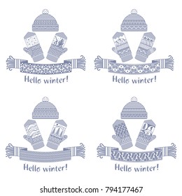 Warm knitted winter scarf and mitten with the inscription Hello Winter. Vector flat Illustration. Web banners, advertisements, brochures, business templates. Isolated on a white background.