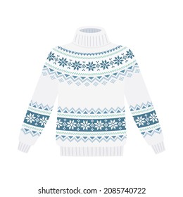 Warm knitted winter sweater turtleneck with nordic snowflakes print. Vector flat illustration isolated on white background