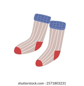 Warm knitted woolen socks. Comfortable cozy wool foot wear for cold weather, winter season. Soft footwear pair, knitwear. Flat graphic vector illustration isolated on white background