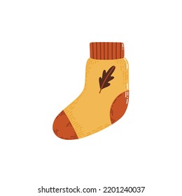 Warm knitted yellow sock. Vector stylized clipart. Autumn concept illustration is a perfect for stickers and icons. Warm autumn color pallet.