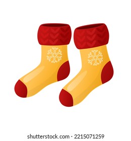 Warm knitted yellow-red socks with snowflakes. Vector illustration in cartoon style.