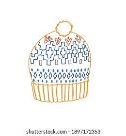 Warm knitting hat with jacquard pattern in cartoon style