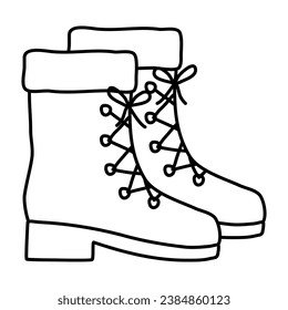 Warm lace up autumn or winter suede boots, doodle style flat vector outline for coloring book