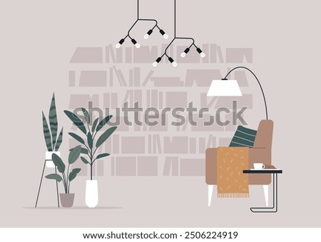 A warm library features a comfortable chair, elegant plants, and soft lighting, perfect for unwinding with a book