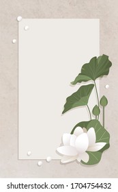 Warm light earth tone background of Lotus Flower or Lily water and green leaf  in paper board texture, Buddhism Background with peaceful feeling, Wedding Card, White Thai  Flowers and Floral 