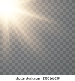 Warm light effect, sun rays, beams on transparent background. Vector illustration eps10.