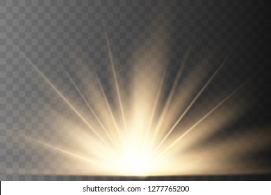 Warm light Sun rays, beams on transparent background. Glow rays of light. Vector illustration.