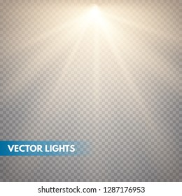 Warm light Sun rays, beams on transparent background. Glow rays of light. Vector illustration. 
