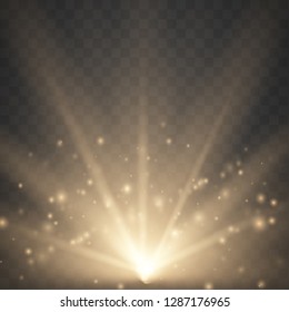 Warm light Sun rays, beams on transparent background. Glow rays of light. Vector illustration. 