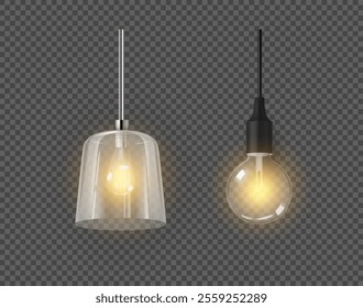 Warm lights from pendant lamp. Vector isolated set of realistic bulbs for home interior design, loft classic or modern styles of apartments and dwellings. Chandelier with glass lampshade