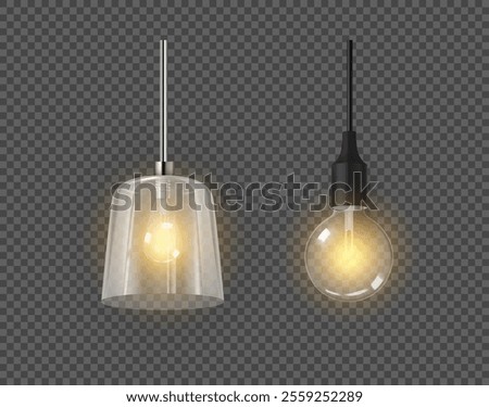 Warm lights from pendant lamp. Vector isolated set of realistic bulbs for home interior design, loft classic or modern styles of apartments and dwellings. Chandelier with glass lampshade