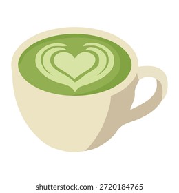 Cálido matcha café con leche de té verde con arte de espuma en forma de corazón para el menú de la cafetería y la ilustración de bebidas