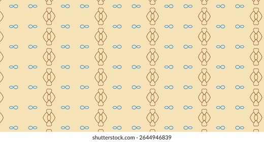 Warm minimalist pattern with infinity and heart icons in blue and brown on beige. Seamless vintage-style design for textiles, stationery, or wrapping decor.