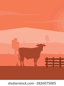 Warm minimalist rural landscape featuring a grazing cow, wooden fence, distant fields, and a glowing sunset in layered orange and coral tones. Ideal for agricultural, countryside, farm, rustic, and nature-themed designs.