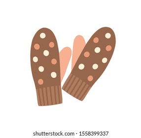 Warm mittens flat vector illustration. Knitted clothing for hands, traditional winter season knitwear. Fashionable handmade gloves isolated on white background. Apparel store, garments shop product.