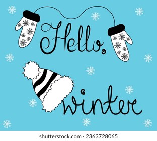 warm mittens, gloves Bobble Hat,doodle, one line and text Hello winter