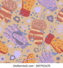 Warm mittens, gloves flat hand drawn vector seamless pattern. Colorful background in scandinavian style. Cozy winter clothes wallpaper. Abstract design for prints, card, decor, wrap, fabric, textile.