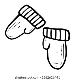 Warm mittens hand drawn doodle. Clothing accessory to protect palms from cold. Knitted gloves. Fabric wardrobe item for walking and sports. Vector line art illustration.