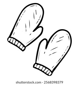 Warm mittens hand drawn doodle. Clothing accessory to protect palms from cold. Knitted gloves. Fabric wardrobe item for walking and sports. Vector line art illustration.