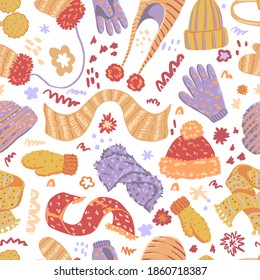 Warm mittens, scarves, hats flat hand drawn vector seamless pattern. Colorful background in scandinavian style. Cozy winter clothes wallpaper. Abstract design for prints, decor, wrap, fabric, textile.