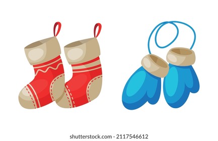 Warm Mittens and Stocking as Merry Christmas Holiday Object and Element Vector Set