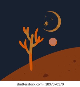 Warm Moon Desert Cactus Night Landscape Art