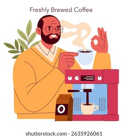 A warm morning scene of a man enjoying freshly brewed coffee, demonstrating passion for the perfect cup. The coffee machine and aromatic steam enhance the cozy ambiance of breakfast time.