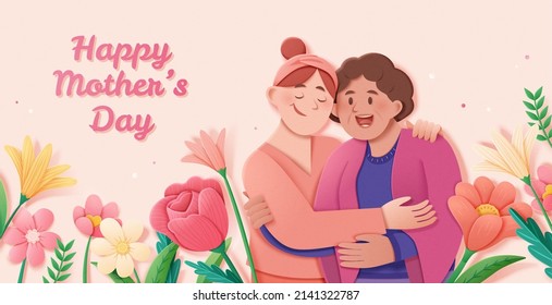 Warm Mother's Day banner template of adult daughter embracing her old mother with flower decoration. Concept of diverse family