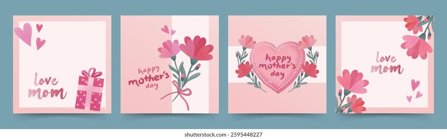 Warm Mother's Day card design in watercolor hand-drawn style, incorporating flowers, hearts, and gift elements, conveying love and gratitude. Vector illustration.