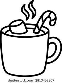 Warm mug of hot chocolate, topped with marshmallow and candy cane. Cozy winter drink, steamy doodle.