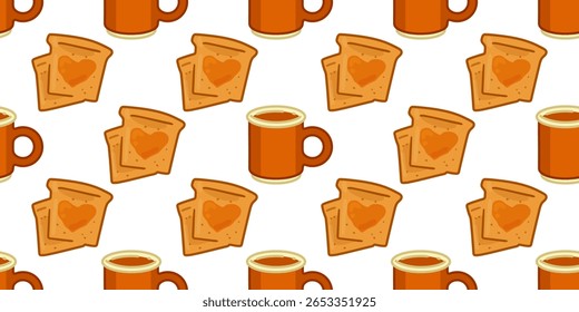 Canecas quentes e amor torrado. Fatias de torrada bonitas com geleia em forma de coração e canecas aconchegantes com bebida quente em fundo branco. Padrão sem emenda do desenho animado em paleta quente inspirada no outono.