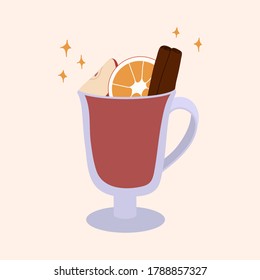 Warm mulled wine. Autumn and Winter collection. Cinnamon, apple, citrus. Vector hand illustration.