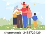 Warm, Multi-generational Family Back View Enjoys Serene Day Outdoors, Embracing Each Other While A Child Joyfully Rides On Shoulders, at Blooming Meadow Under A Clear Sky. Cartoon Vector Illustration