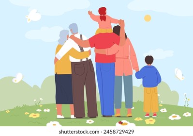 Warm, Multi-generational Family Back View Enjoys Serene Day Outdoors, Embracing Each Other While A Child Joyfully Rides On Shoulders, at Blooming Meadow Under A Clear Sky. Cartoon Vector Illustration