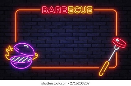 Marco de Vector de neón caliente con signo de barbacoa, hamburguesa de la parrilla, e icono de pincho. Perfecto para carteles de cocina, festivales de comida y marcas de parrillas callejeras.