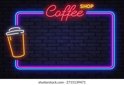Warmer Neon-Vektorrahmen mit Coffeeshop-Schriftzug und Take-away-Cup-Symbol. Entwickelt für Café-Menüs, Social-Media-Beiträge und gemütliches Nachtbranding.