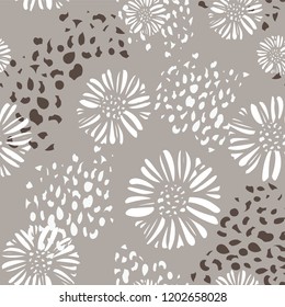 Warm neutral palette- modern floral. Abstract daisy shapes with pebble shapes. White, warm gray / grey and brown. Sophisticated seamless vector pattern. Textiles, stationery, home decor, fashion.