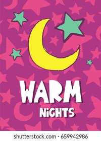 Warm nights vector card. Colorful items and lettering. Tropical background in hand drawn style. Design for prints. 