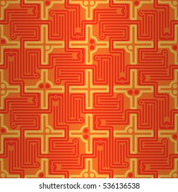 Warm orange fancy seamless pattern in game style. Complex puzzle repeatable backdrop. Colored, contrast design for packing-paper, ads, web or other purpose. Retro motif. Vector background.